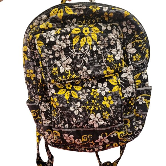 Abbergale Black/Yellow Floral Cotton Quilted Small Backpack School Bag Book Bag - Picture 1 of 10